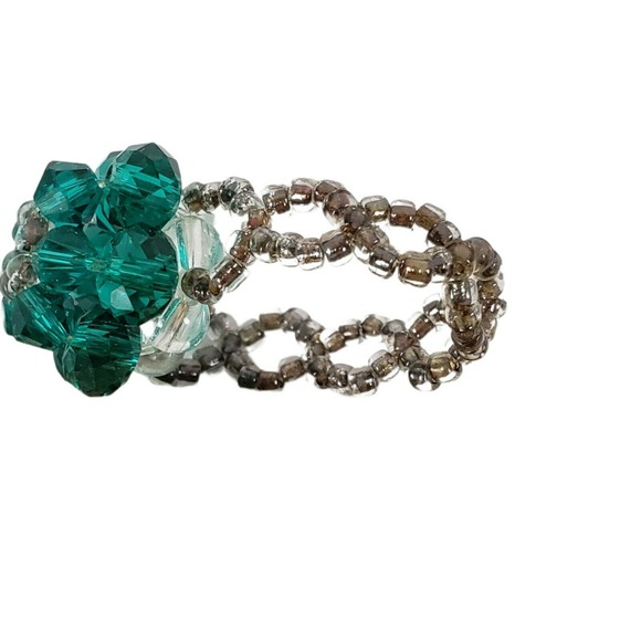 Womens Bracelet Ring 2 Piece Set Stretch Green Faceted Glass Rhinestone Vintage - Picture 5 of 9